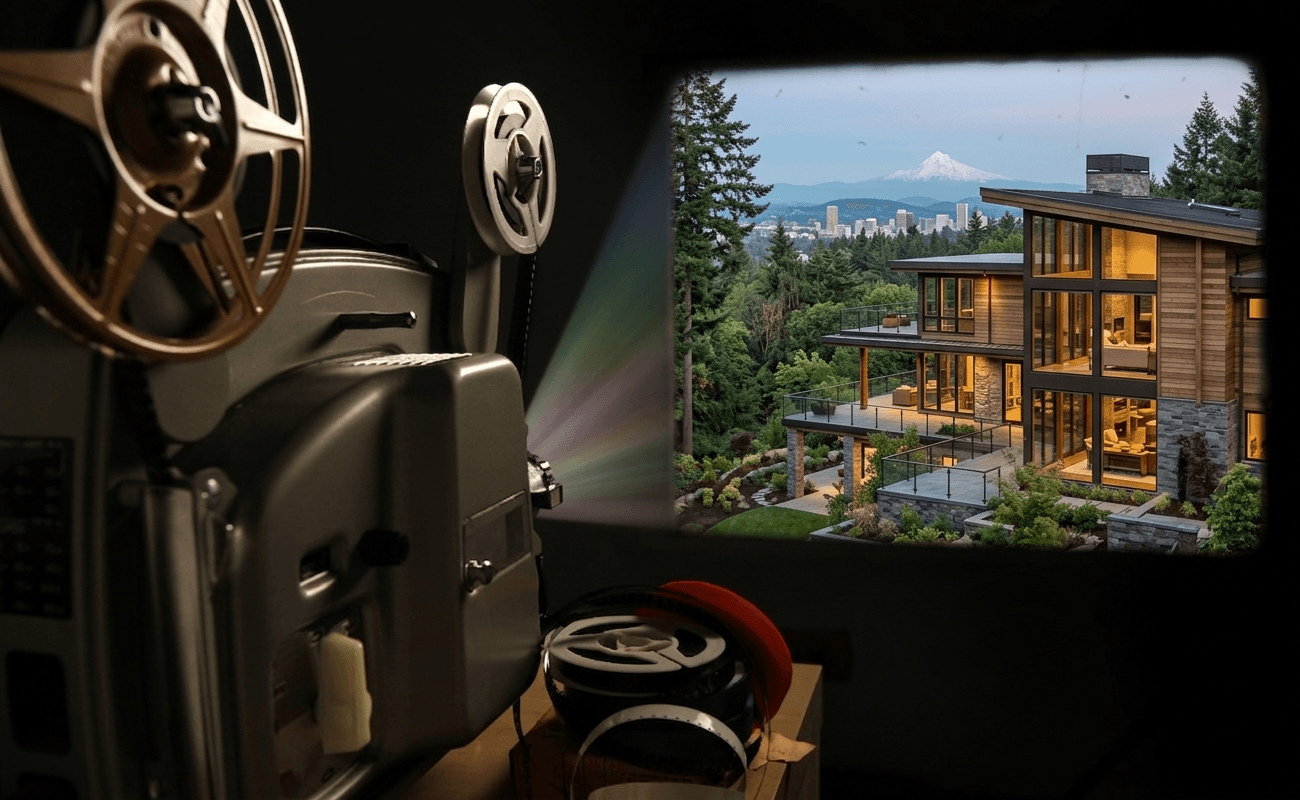 Film projector screening a Pacific Northwest luxury home